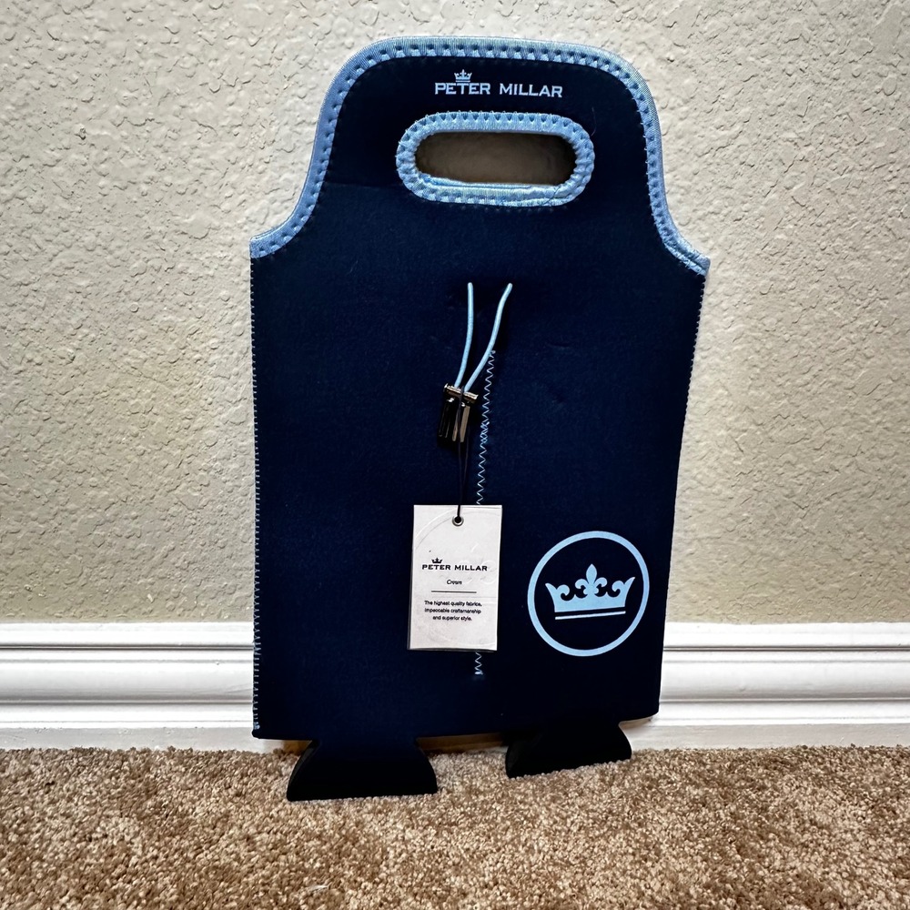 Peter Millar Crown Navy Blue Neoprene Double Wine Bottle Carrier Tote AF18A500